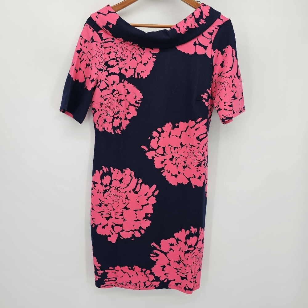 Trina Turk Navy & Pink Floral Ponte Knit Dress Mod Womens Size 8 - Picture 2 of 6